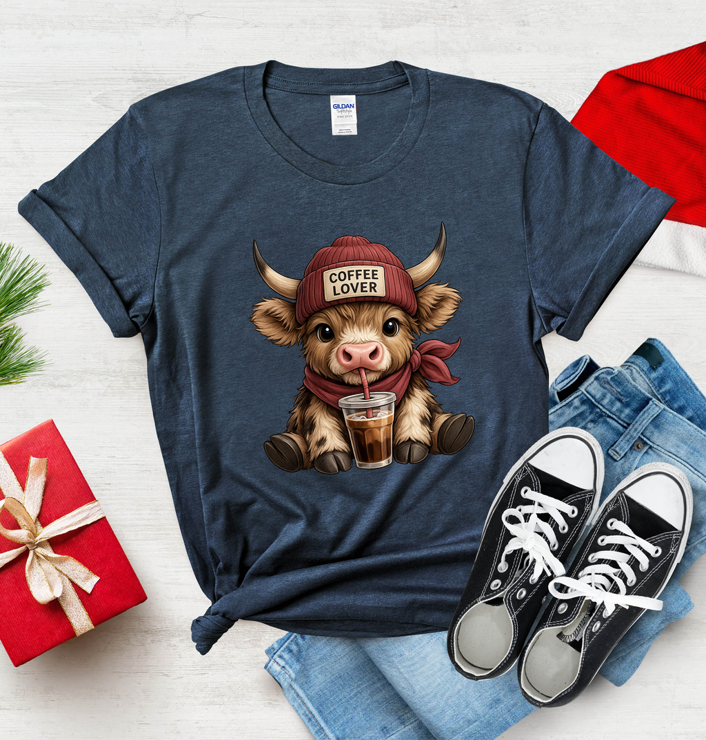 Coffee Lover Highland Cow Unisex Tee ~ Printed in the USA
